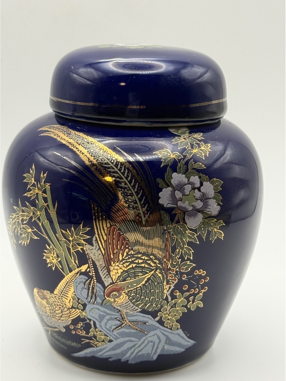Vintage Japanese Porcelain Tea Caddy with Bird and Floral Design